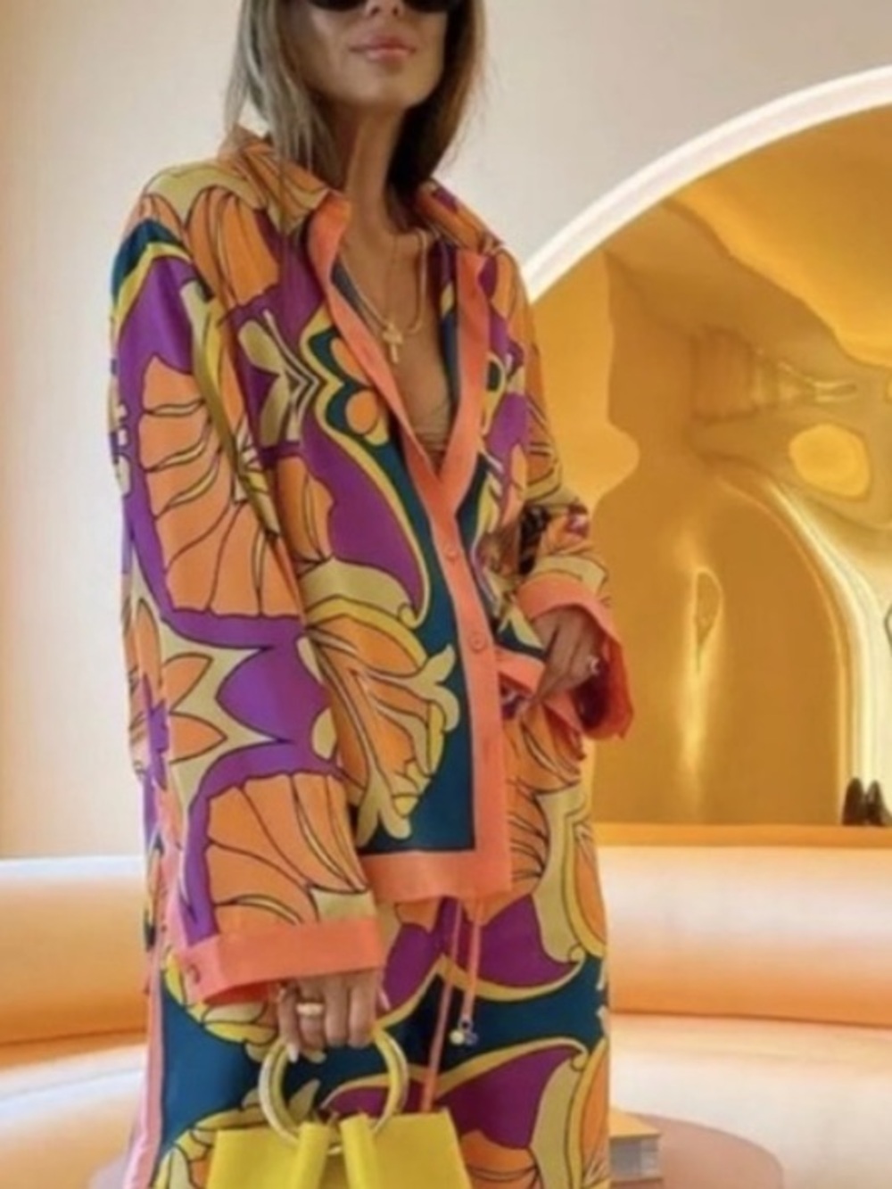 Zara NWT satin Vibrant Floral Print Button-Down Shirt in Purple, Orange & Yellow - Picture 8 of 9